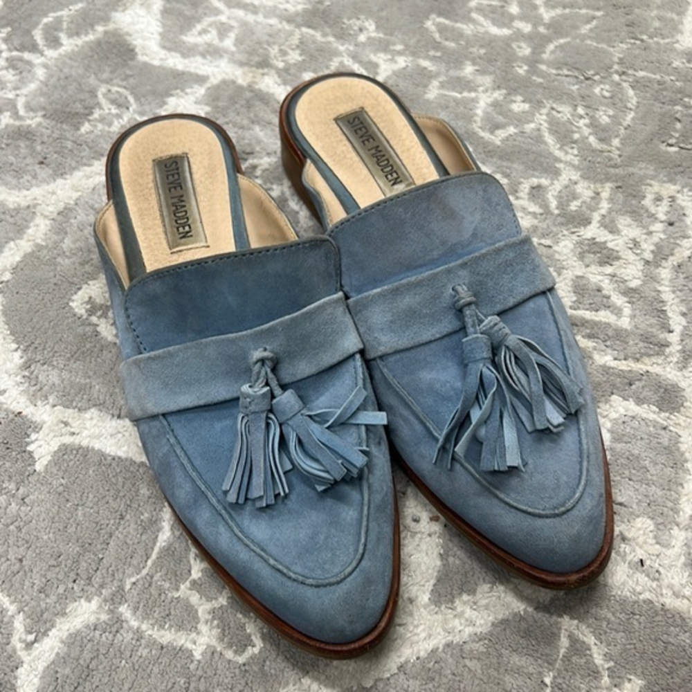 Steve Madden‎ Blue Suede Tassel Magan Mules Sz 7.5